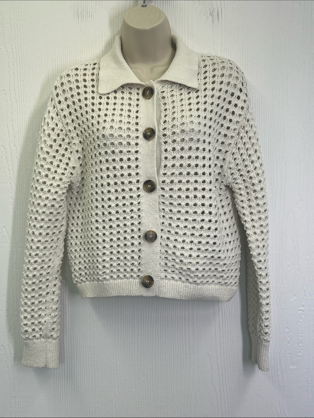 H&M - Cream Ivory Open Knit Button Down Lightweight Long Sleeve Cardigan Size XS - Picture 3 of 11